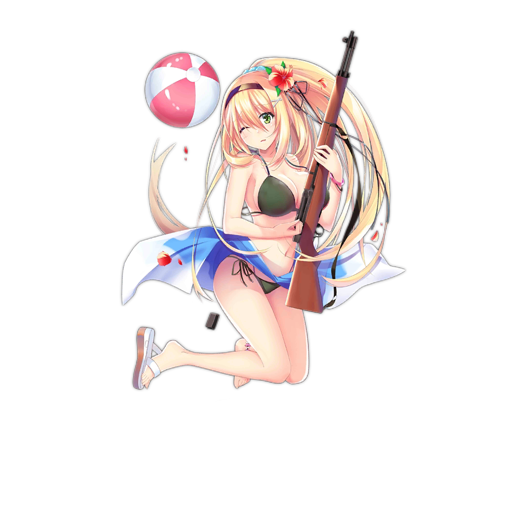 1girl aixioo alternate_costume ball bangs bare_shoulders beachball bikini black_bikini blonde_hair blush breasts cleavage clip_(weapon) damaged flower full_body girls_frontline green_eyes gun hair_between_eyes hair_flower hair_ornament hairband hairclip holding holding_gun holding_weapon large_breasts long_hair looking_at_viewer m1_garand m1_garand_(girls_frontline) official_art one_eye_closed parted_lips ponytail rifle sandals sarong sling solo swimsuit transparent_background weapon
