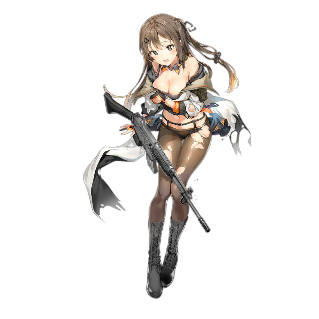 1girl anmi assault_rifle bangs bare_shoulders black_footwear blush boots breasts brown_eyes brown_hair cleavage collarbone cross-laced_footwear damaged fingerless_gloves full_body girls_frontline gloves gun hair_between_eyes hair_ornament hairclip jacket k-2_(girls_frontline) knee_boots lace-up_boots logo long_hair looking_at_viewer medium_breasts navel off_shoulder official_art open_clothes open_jacket open_mouth panties panties_under_pantyhose pantyhose rifle scar shadow solo standing torn_clothes torn_legwear transparent_background underwear weapon