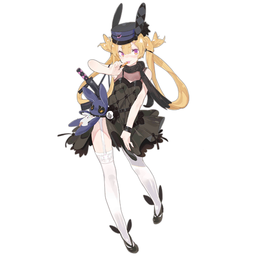 1girl alternate_costume bangs bare_shoulders black_dress black_footwear black_headwear black_scarf blonde_hair blush candy chinese_text dress eyebrows_visible_through_hair food full_body garter_straps girls_frontline gun hair_between_eyes hair_ornament hat lollipop long_hair looking_at_viewer official_art pandegg scarf shoes sleeveless sleeveless_dress solo sr-3mp_(girls_frontline) stuffed_animal stuffed_bunny stuffed_toy submachine_gun thighhighs tongue tongue_out transparent_background twintails very_long_hair weapon white_legwear