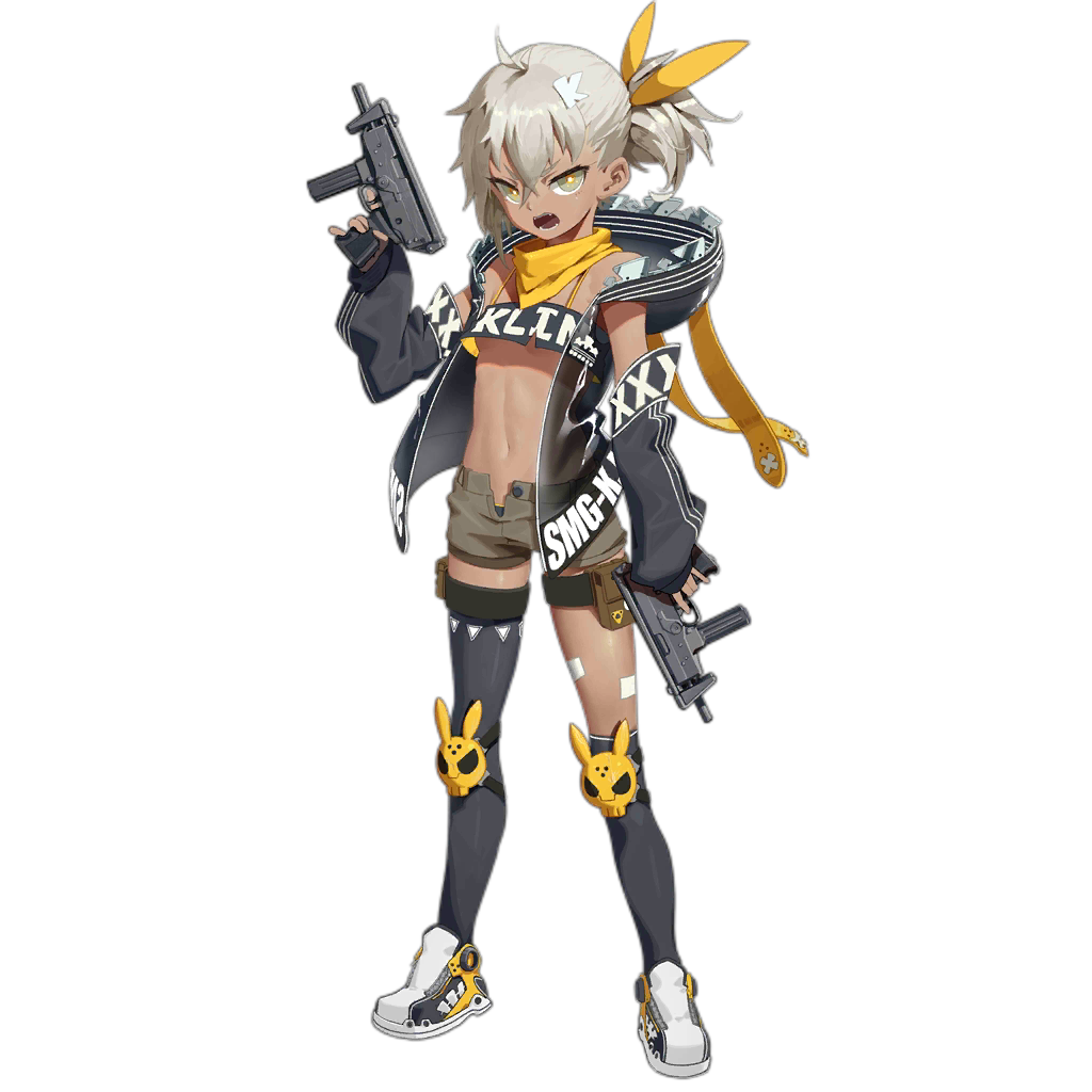 1girl :o bandana black_legwear breasts bright_pupils crop_top dark_skin detached_sleeves full_body girls_frontline green_eyes grey_hair gun hair_between_eyes hair_ornament hood hoodie klin_(girls_frontline) knee_pads midriff navel official_art open_fly pp-91_kedr revealing_clothes shoes short_shorts short_sidetail shorts single_over-kneehigh single_thighhigh sleeveless sleeveless_jacket sleeves_past_wrists small_breasts sneakers solo standing strapless submachine_gun thigh_strap thighhighs transparent_background trigger_discipline tubetop underboob v-shaped_eyebrows waterkuma weapon white_pupils