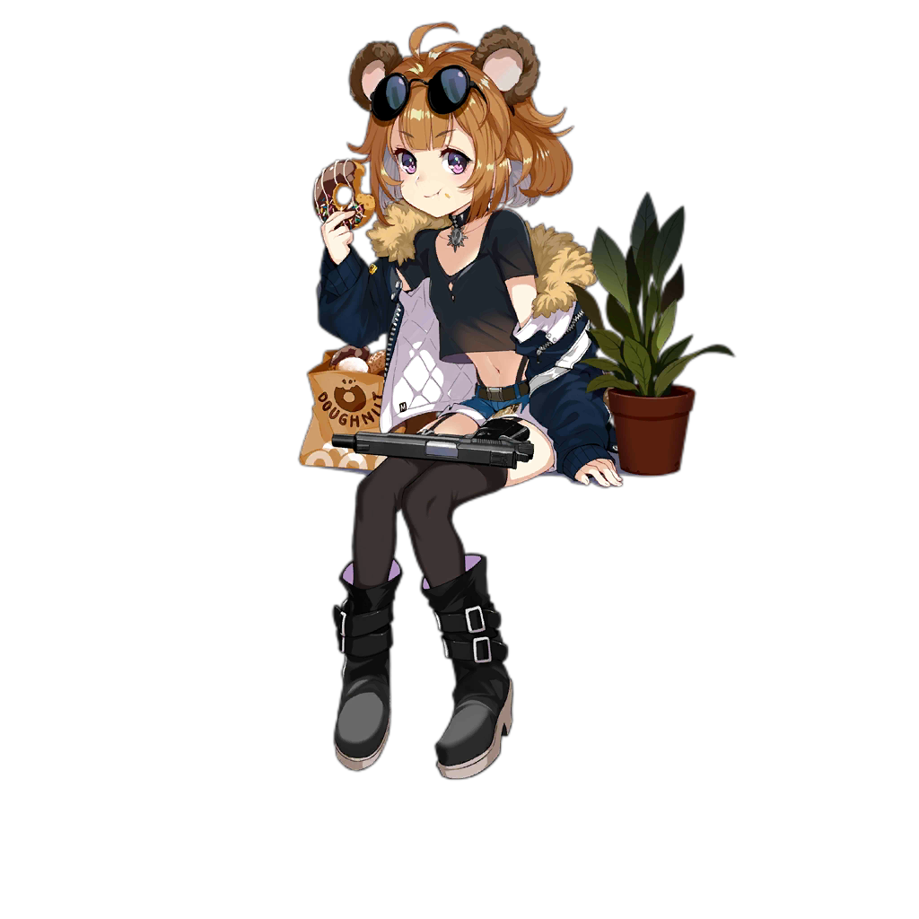 1girl alternate_costume animal_ears bear_ears bear_girl black_choker black_footwear black_legwear black_shirt blue_jacket blue_shorts boots breasts brown_hair choker doughnut eating eyewear_on_head food full_body girls_frontline grizzly_mkv_(girls_frontline) gun handgun jacket looking_at_viewer official_art pistol plant potted_plant purple_eyes realmbw shirt short_hair shorts sitting small_breasts solo sunglasses thighhighs transparent_background weapon younger
