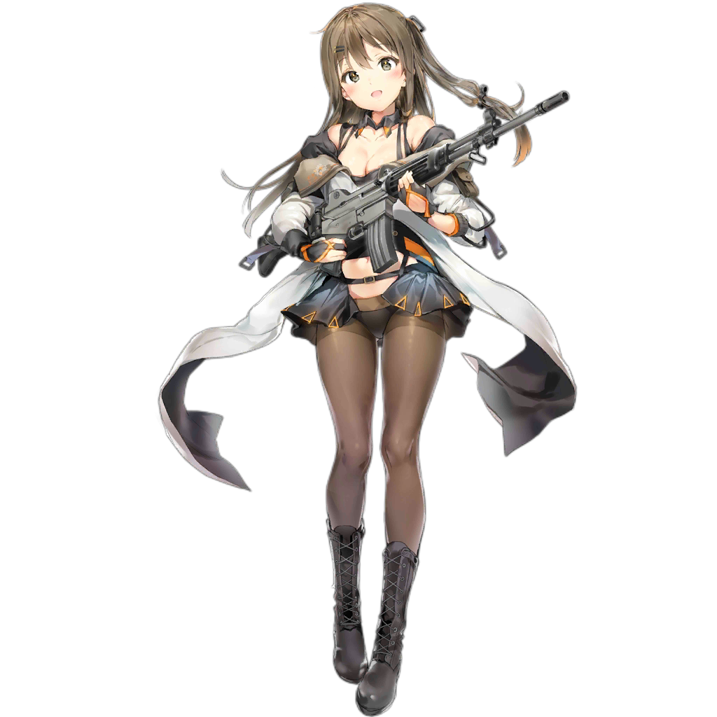 1girl anmi assault_rifle bangs bare_shoulders black_footwear black_panties blush boots breasts brown_eyes brown_hair cleavage collarbone cross-laced_footwear daewoo_k2 eyebrows_visible_through_hair fingerless_gloves full_body girls_frontline gloves gun hair_ornament hairclip holding jacket k-2_(girls_frontline) knee_boots korean_text lace-up_boots logo long_hair looking_at_viewer medium_breasts navel official_art open_mouth panties pantyhose rifle shadow smile solo standing transparent_background underwear weapon