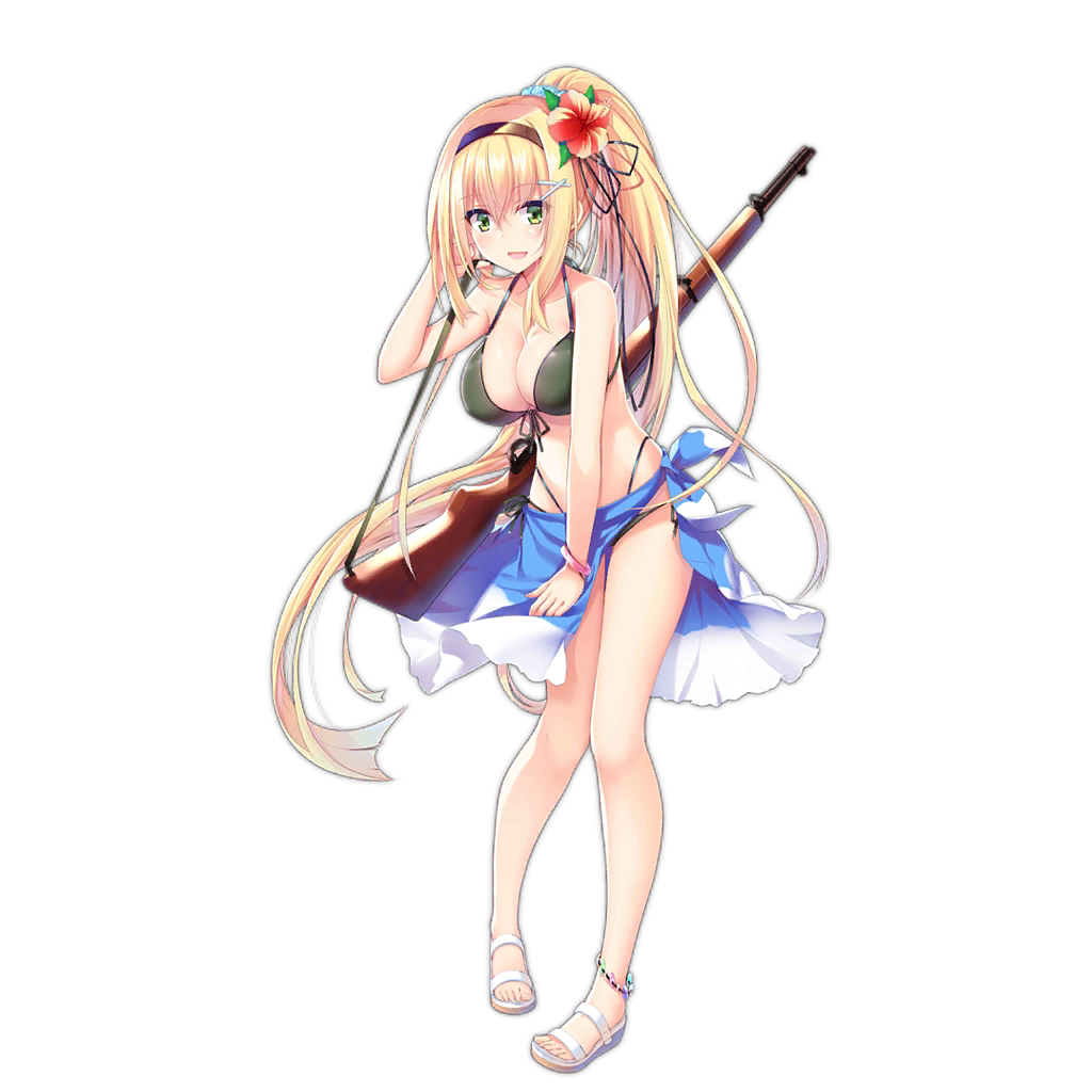 1girl :d aixioo alternate_costume bangs bare_shoulders bikini black_bikini blonde_hair blush breasts cleavage flower front-tie_top full_body girls_frontline green_eyes gun hair_between_eyes hair_flower hair_ornament hairband hairclip hibiscus large_breasts long_hair looking_at_viewer m1_garand m1_garand_(girls_frontline) official_art open_mouth ponytail rifle sandals sarong sling smile solo swimsuit thigh_gap transparent_background weapon wind wind_lift