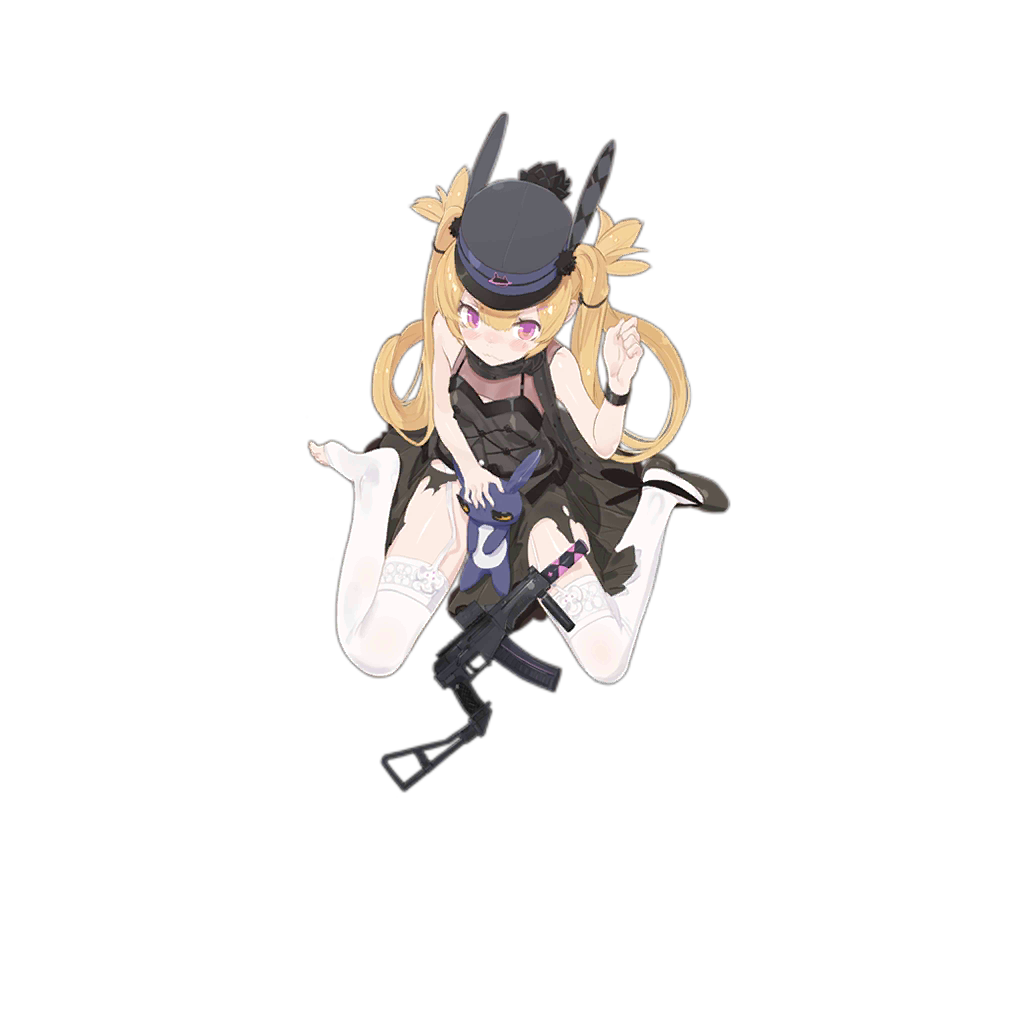 1girl alternate_costume bangs black_dress black_footwear black_scarf blonde_hair blush candy covering covering_crotch damaged dress food full_body garter_straps girls_frontline gun hair_between_eyes hair_ornament hat lollipop long_hair looking_at_viewer official_art pandegg scarf shoes sitting sleeveless sleeveless_dress solo sr-3mp_(girls_frontline) stuffed_animal stuffed_bunny stuffed_toy thighhighs transparent_background twintails very_long_hair wariza weapon white_legwear