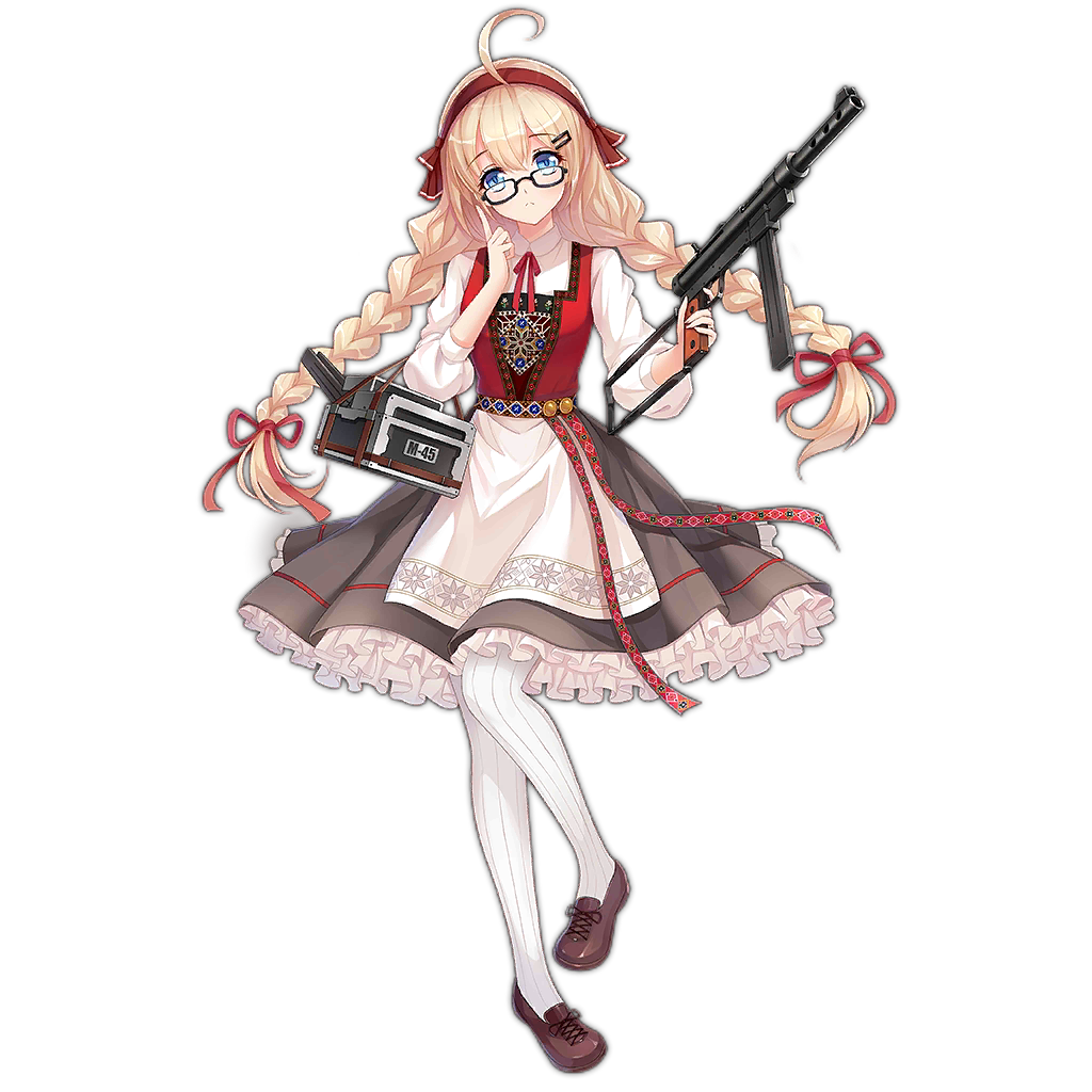 1girl ahoge alternate_costume black-framed_eyewear blonde_hair blue_eyes braid brown_footwear carl_gustaf_m/45 character_name frilled_skirt frills full_body girls_frontline glasses gun hair_ornament hairband hairclip holding holding_gun holding_weapon long_hair long_sleeves looking_at_viewer m45_(girls_frontline) neck_ribbon official_art pantyhose petticoat photoshop_(medium) red_neckwear red_ribbon red_vest ribbed_legwear ribbon semi-rimless_eyewear shirt shoes skirt solo standing standing_on_one_leg submachine_gun tamaxi transparent_background twin_braids under-rim_eyewear vest weapon white_legwear white_shirt