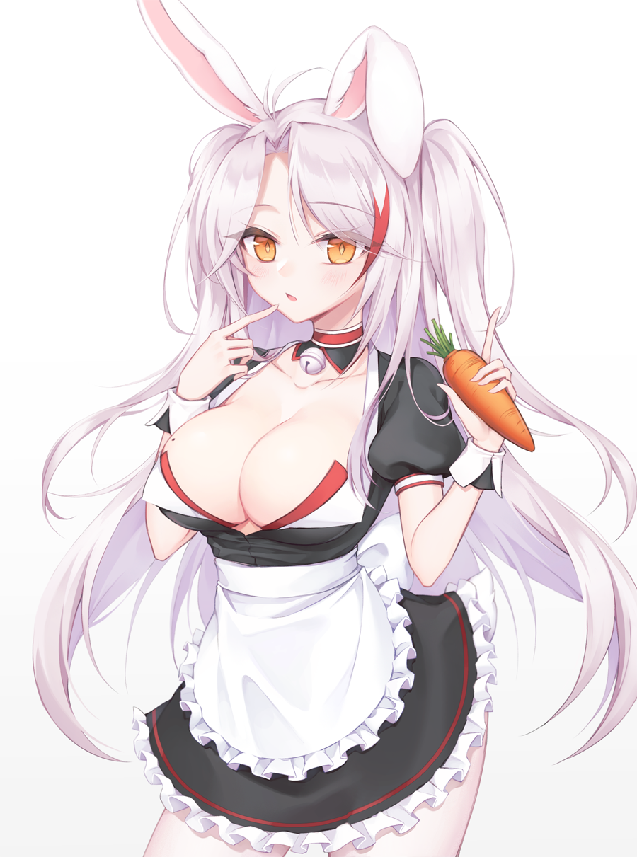 1girl alternate_costume animal_ears apron azur_lane bangs bell bell_collar black_dress breasts brown_background brown_eyes bunny_ears carrot cleavage collar collarbone commentary commission dress enmaided eyebrows_visible_through_hair food frilled_apron frilled_dress frills gradient gradient_background hands_up highres holding holding_food jingle_bell kemonomimi_mode long_hair looking_at_viewer maid medium_breasts mole mole_on_breast multicolored_hair parted_bangs pong_(vndn124) prinz_eugen_(azur_lane) puffy_short_sleeves puffy_sleeves red_hair short_sleeves silver_hair solo streaked_hair two_side_up very_long_hair waist_apron white_apron white_background wrist_cuffs
