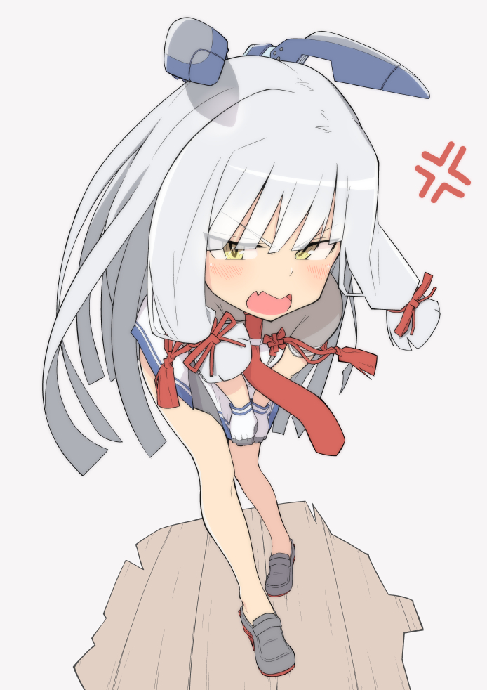 1girl anger_vein angry blush commentary covering covering_crotch fang kantai_collection long_hair murakumo_(kantai_collection) pantyhose_removed remodel_(kantai_collection) salpin solo very_long_hair white_hair yellow_eyes