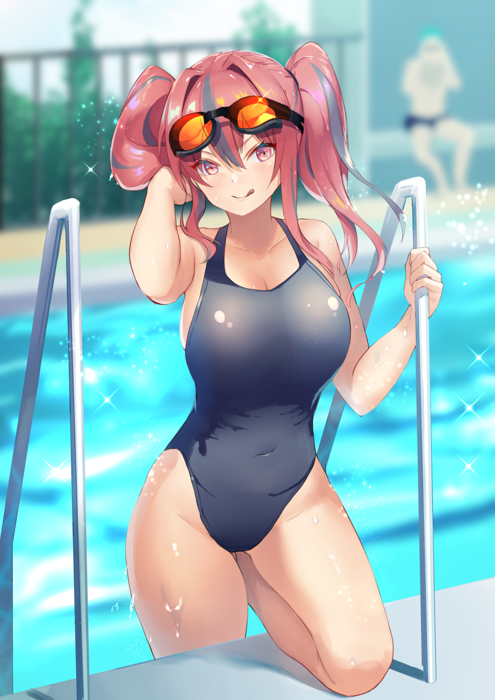 1girl azur_lane bangs bare_shoulders blue_swimsuit blush breasts bremerton_(azur_lane) cleavage collarbone covered_navel goggles goggles_on_head highleg highleg_swimsuit highres large_breasts licking_lips long_hair looking_at_viewer one-piece_swimsuit pink_eyes pink_hair pool poolside shimozuki_shio sidelocks swimsuit thighs tongue tongue_out twintails wet