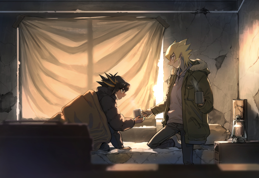 2boys backlighting black_pants blonde_hair blurry_foreground coat cup curtains eye_contact fudou_yuusei fur-trimmed_coat fur_trim green_coat hair_between_eyes holding holding_cup hood hooded_coat hooded_sweater indoors jack_atlas kneeling looking_at_another male_focus multicolored_hair multiple_boys on_bed open_clothes open_coat pants profile shiny shiny_hair spiked_hair standing sweater torinomaruyaki two-tone_hair white_sweater yuu-gi-ou yuu-gi-ou_5d's