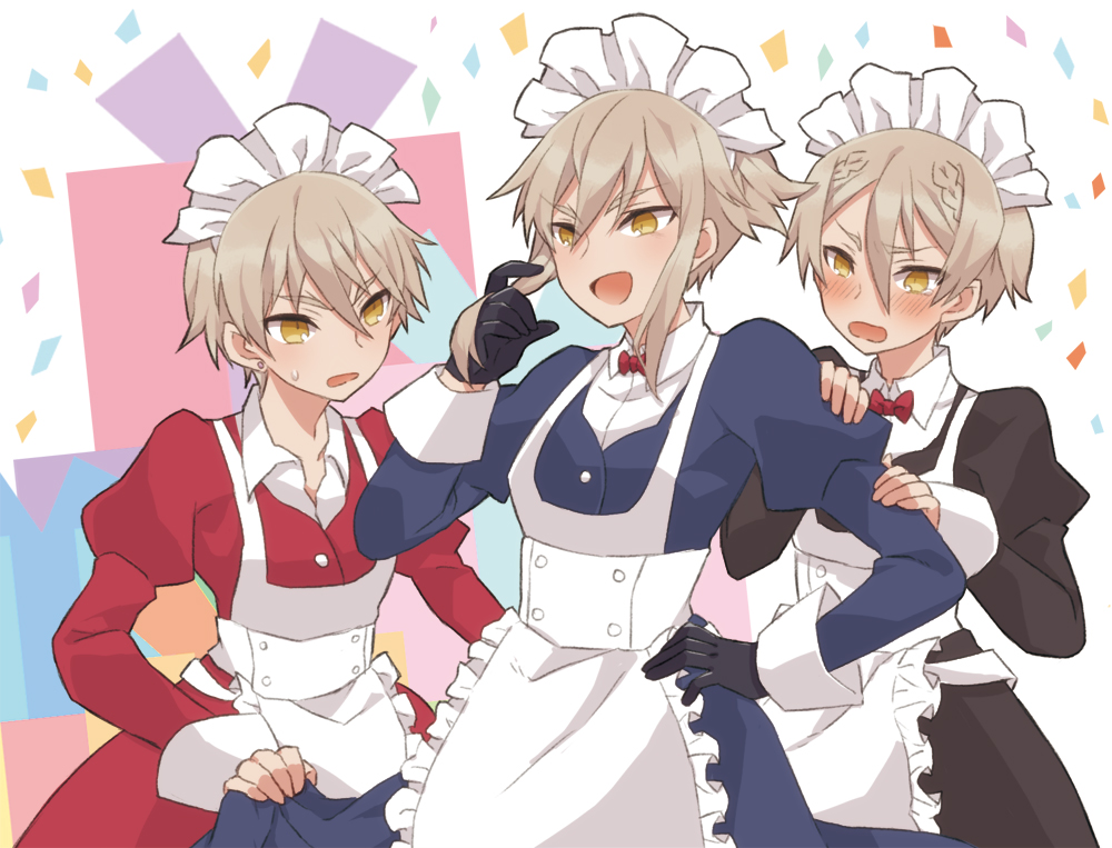 3boys alternate_costume alvin_granford apron black_dress blush bow bowtie braid brothers dress enmaided forked_eyebrows frilled_apron frills hair_between_eyes light_brown_hair maid maid_apron maid_dress maid_headdress male_focus multiple_boys open_mouth panunpa pop-up_story red_dress short_hair_with_long_locks siblings sidelocks smile waist_apron white_apron