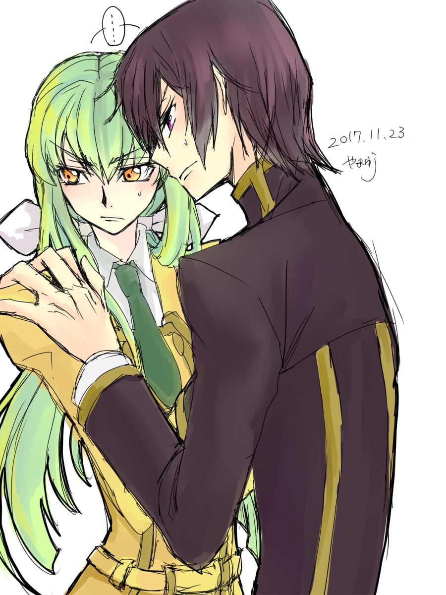 ... 1boy 1girl 2017 ashford_academy_uniform bangs black_jacket bow brown_hair c.c. code_geass collared_shirt couple dated eyebrows_visible_through_hair green_hair green_neckwear hair_between_eyes hair_bow hand_on_another's_shoulder highres jacket lelouch_lamperouge long_hair long_sleeves looking_back necktie orange_eyes purple_eyes roman_buriki shirt signature sketch speech_bubble sweatdrop v-shaped_eyebrows very_long_hair white_bow white_shirt wing_collar yellow_jacket