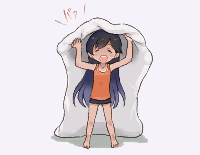 1girl alternate_costume barefoot black_hair black_shorts casual closed_eyes commentary_request facing_viewer full_body i-400_(kantai_collection) kantai_collection long_hair open_mouth orange_tank_top otoufu round_teeth shorts simple_background sleepwear smile solo tank_top teeth under_covers upper_teeth white_background