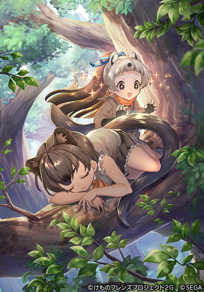 +_+ 2girls bangs bare_arms bare_shoulders black_gloves blonde_hair blue_bow bow brown_hair brown_skirt brown_vest closed_eyes commentary_request ctake02 dark_skin elbow_gloves extra_ears fingerless_gloves fossa_(kemono_friends) fossa_ears fossa_tail frilled_skirt frilled_vest frills fur_trim gloves hair_bow kemono_friends kemono_friends_3 leaf multicolored_hair multiple_girls official_art orange_scarf pleated_skirt ponytail sable_(kemono_friends) sable_ears sable_tail scarf short_hair skirt sleeping sleeveless sparkle tree tree_branch vest