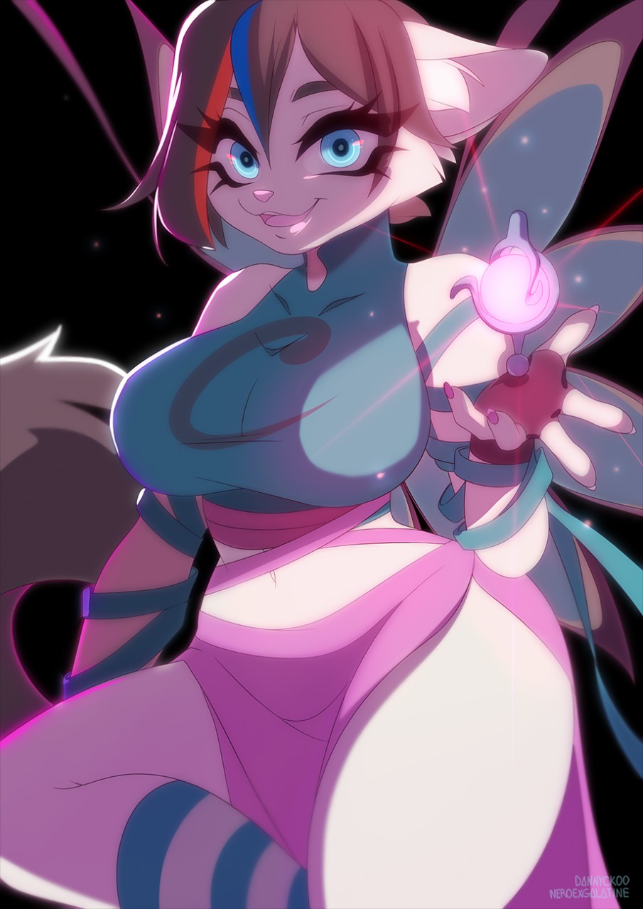 2020 anthro big_breasts black_background blue_eyes blue_highlights breasts brown_hair chikachi clothing dannyckoo domestic_cat exgalatine felid feline felis female fingerless_gloves fur gloves hair handwear hi_res highlights_(coloring) inner_ear_fluff looking_at_viewer mammal navel pink_nose red_highlights simple_background smile solo thick_thighs tuft white_body white_fur wings