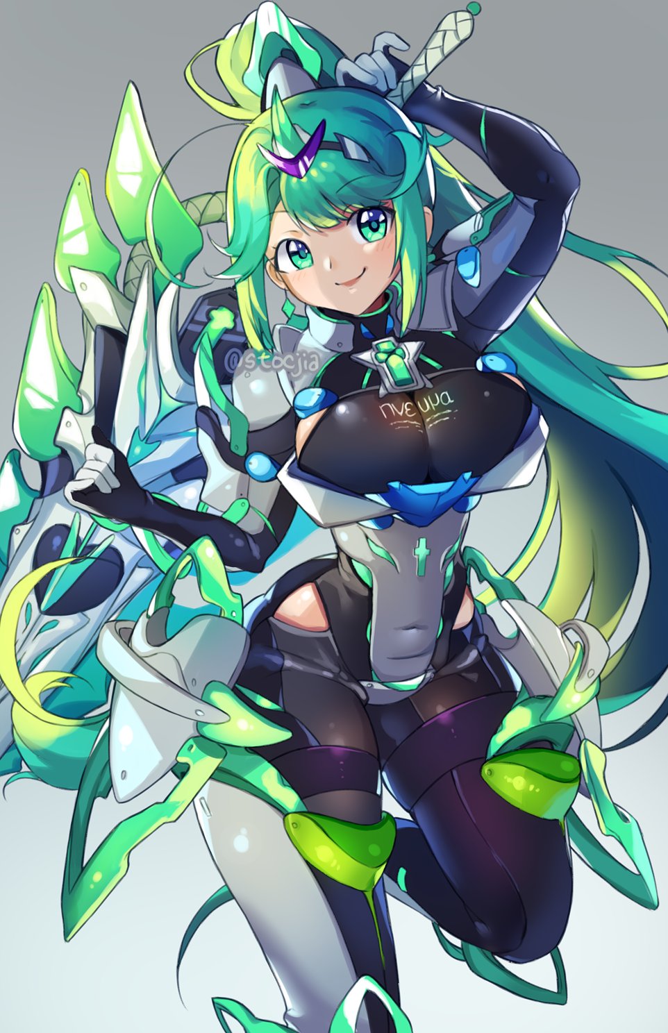 1girl bangs breasts chest_jewel covered_navel earrings eyebrows_visible_through_hair feet_out_of_frame gloves green_eyes green_hair grey_background hair_ornament highres jewelry large_breasts long_hair long_ponytail pneuma_(xenoblade_2) ponytail solo swept_bangs sword tiara very_long_hair watermark weapon xenoblade_(series) xenoblade_2 yagi_(kyuhyun)