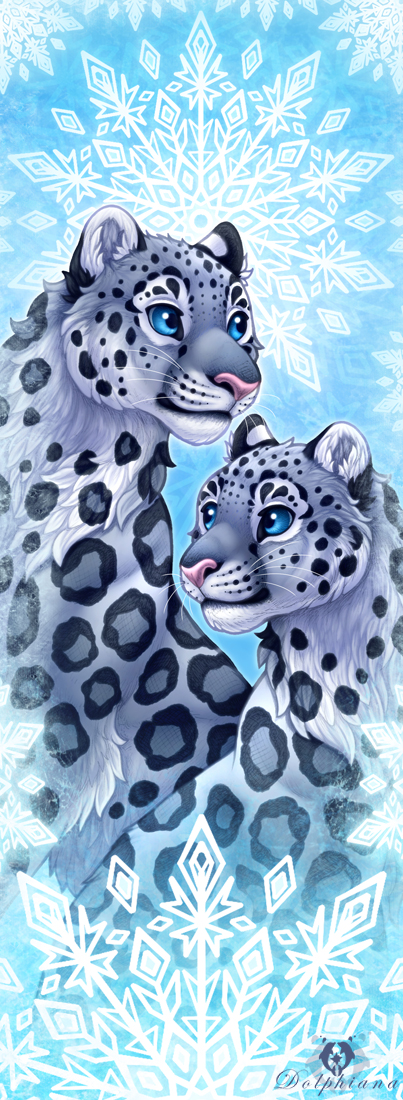 ambiguous_gender black_body black_fur black_spots blue_eyes dolphydolphiana duo felid feral fur grey_body grey_fur inner_ear_fluff leopard_spots mammal pantherine pink_nose snow_leopard snowflake spots spotted_body spotted_fur tuft whiskers white_body white_fur