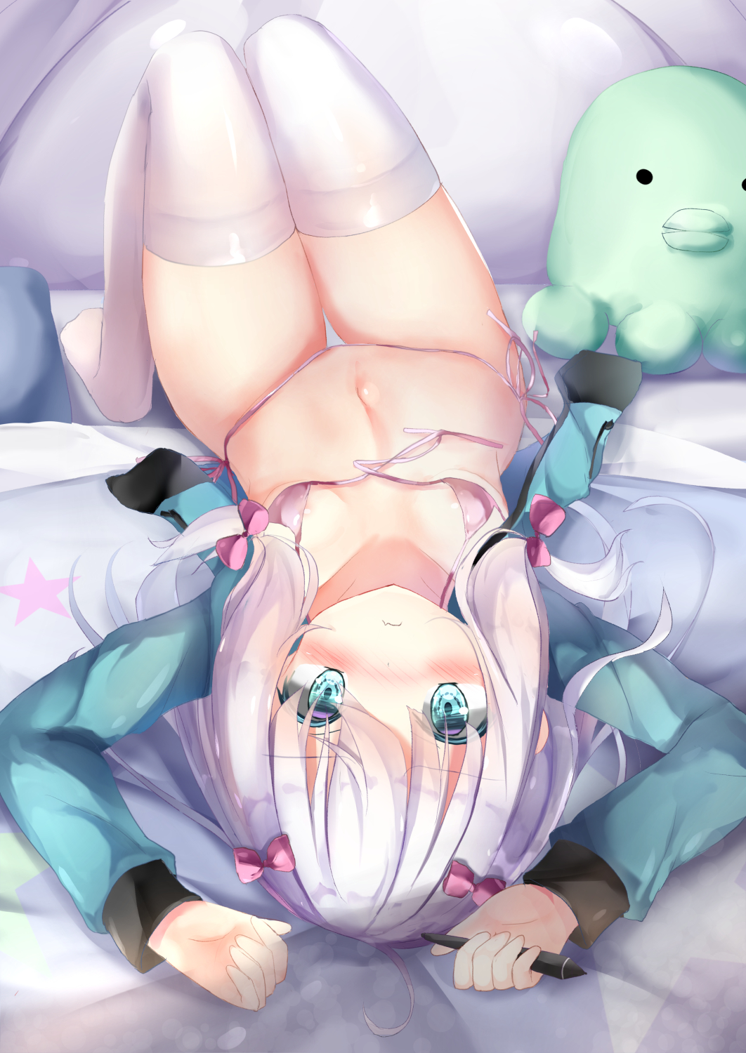 1girl aqua_eyes arms_up bangs bikini blush bow breasts closed_mouth commentary_request eromanga_sensei eyebrows_visible_through_hair front-tie_bikini front-tie_top green_jacket hair_between_eyes hair_bow highres holding holding_stylus izumi_sagiri jacket knees_up long_hair long_sleeves looking_at_viewer lying na!?_(naxtuyasai) navel no_shoes nose_blush on_back open_clothes open_jacket pink_bikini pink_bow side-tie_bikini silver_hair small_breasts solo stuffed_animal stuffed_octopus stuffed_toy stylus swimsuit thighhighs untied untied_bikini very_long_hair white_legwear