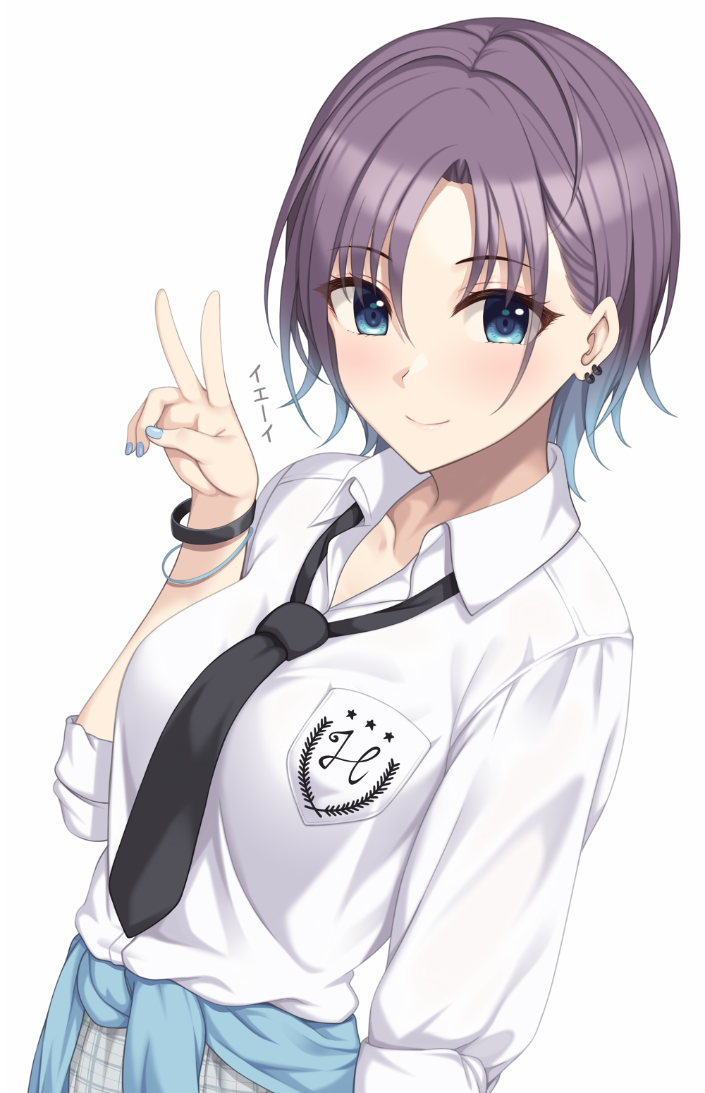 1girl ahoge asakura_tooru bangs black_neckwear blue_eyes blue_nails blush bracelet breast_pocket closed_mouth clothes_around_waist collarbone collared_shirt commentary_request emblem eyebrows_visible_through_hair highres hiiragi_hajime idolmaster idolmaster_shiny_colors jewelry long_sleeves looking_at_viewer nail_polish necktie parted_bangs pocket purple_hair school_uniform shirt short_hair simple_background smile solo star_(symbol) translation_request upper_body v white_background white_shirt