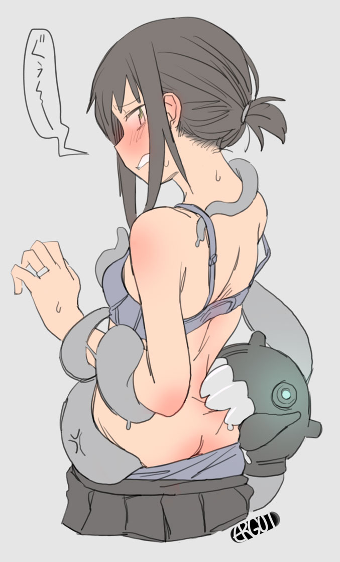 ass ass_biting biting blush embarrassed enemy_naval_mine_(kantai_collection) ergot fubuki_(kantai_collection) jewelry kantai_collection medium_hair partially_undressed ring short_ponytail sidelocks wedding_band