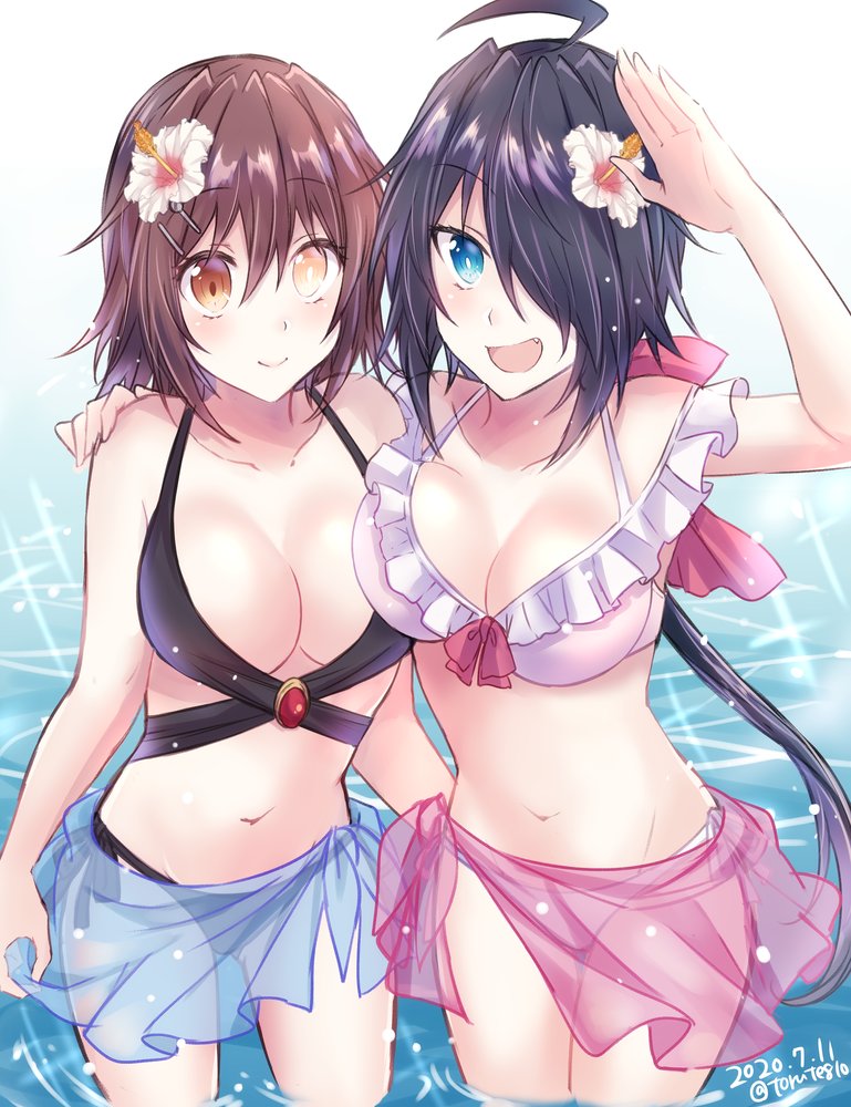 2girls ahoge bangs bikini black_bikini black_hair blue_sarong breasts brown_hair cleavage collarbone commentary_request cowboy_shot dated flower frilled_bikini frills furutaka_(kantai_collection) glowing glowing_eye hair_flower hair_ornament hair_over_one_eye hairclip heterochromia kabocha_torute kako_(kantai_collection) kantai_collection long_hair looking_at_viewer medium_breasts multiple_girls parted_bangs pink_sarong ponytail salute sarong short_hair side-tie_bikini smile soaking_feet standing swimsuit twitter_username water white_bikini yellow_eyes