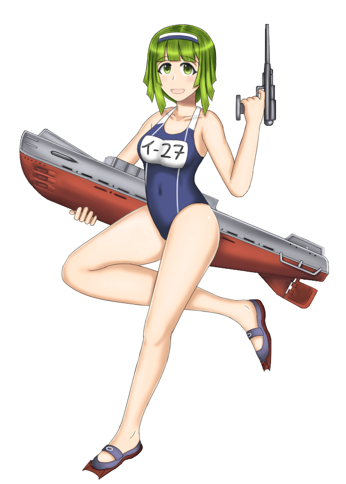 1girl breasts chibiosaka full_body green_eyes green_hair hairband holding kantai_collection machinery medium_breasts medium_hair new_school_swimsuit one-piece_swimsuit open_mouth original school_swimsuit smile solo submarine swimsuit two-tone_hairband watercraft