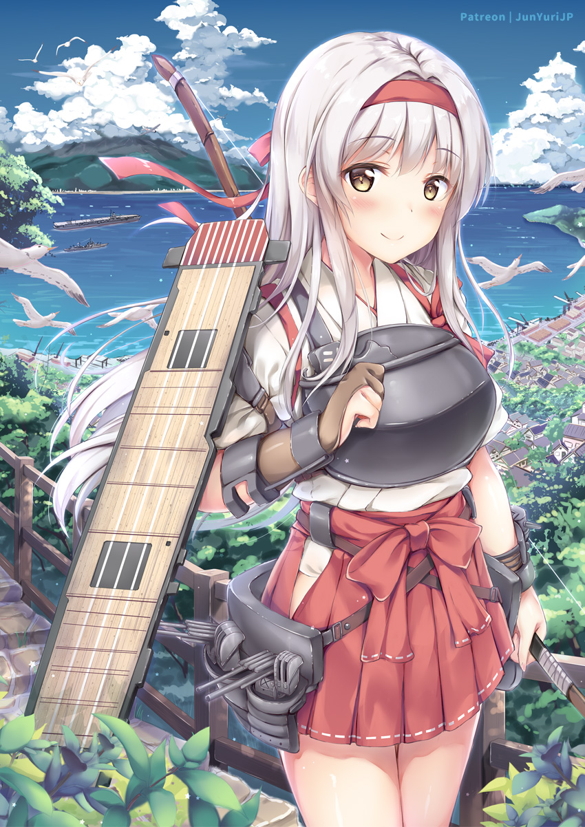 1girl aircraft_carrier bird blue_sky boots bow_(weapon) cityscape cloud day flight_deck hakama_skirt headband highres holding holding_bow_(weapon) holding_weapon japanese_clothes kantai_collection long_hair looking_at_viewer military military_vehicle mountain muneate ocean outdoors photoshop_(medium) remodel_(kantai_collection) seagull ship shoukaku_(kantai_collection) sky solo tasuki tree warship watercraft weapon white_hair yellow_eyes yuriko
