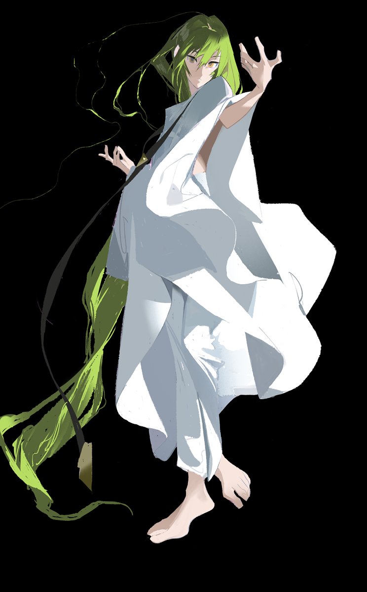 absurdly_long_hair androgynous barefoot black_background enkidu_(fate/strange_fake) fate/strange_fake fate_(series) full_body green_hair hair_between_eyes hands_up highres horikwawataru long_hair looking_at_viewer messy_hair orange_eyes pants parted_hair parted_lips poncho side_cutout simple_background solo toenails toes very_long_hair white_pants