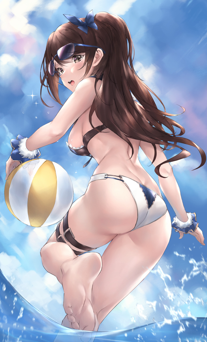 1girl ass asymmetrical_bangs ball bangs bare_shoulders barefoot beachball beatrix_(granblue_fantasy) blue_sky blush breasts brown_eyes brown_hair feet granblue_fantasy large_breasts long_hair looking_at_viewer looking_back open_mouth parfaitlate ponytail scrunchie sky soles sunglasses swept_bangs thighs toes wading water wrist_scrunchie