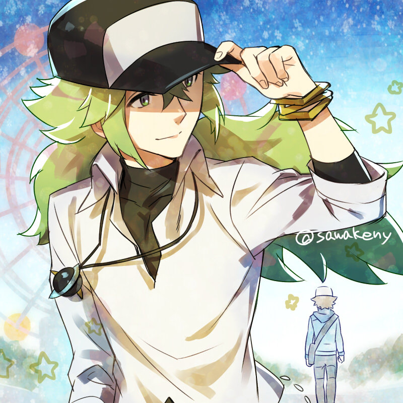 2boys bangs baseball_cap black_headwear closed_mouth collared_shirt floating_hair green_eyes green_hair hair_between_eyes hat jewelry kanimaru long_hair long_sleeves multiple_boys n_(pokemon) necklace pokemon pokemon_(game) pokemon_bw shirt smile solo_focus touya_(pokemon) upper_body very_long_hair white_shirt wing_collar