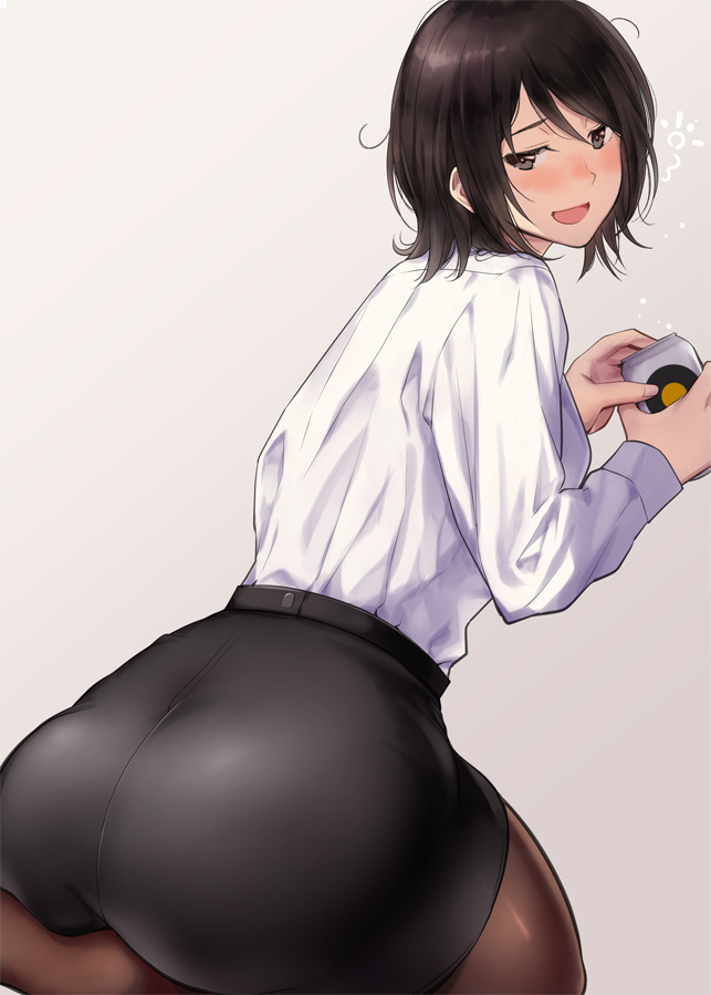 1girl amagami ass bangs black_hair black_skirt blush brown_legwear can commentary_request fingernails head_tilt holding holding_can long_sleeves looking_back nozomi-y open_mouth pantyhose pencil_skirt shirt skirt solo takahashi_maya white_shirt