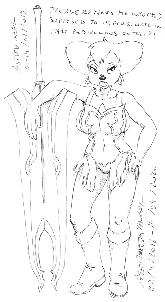 2020 anthro asthexiancal boots bottomwear breasts cattleya clothing cosplay disney ear_piercing ear_ring english_text eyelashes female footwear goof_troop hair melee_weapon monochrome navel peg_pete piercing queen's_blade skirt solo sword text weapon