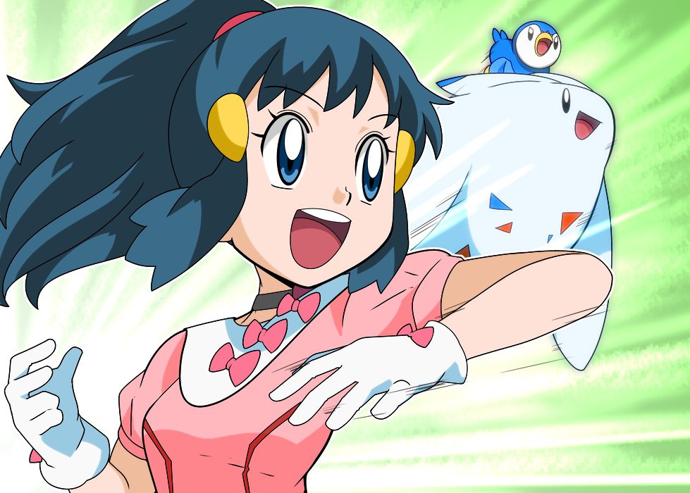 1girl alternate_costume blue_eyes blue_hair breasts commentary_request dress gen_4_pokemon hainchu hair_ornament hikari_(pokemon) long_hair open_mouth piplup pokemon pokemon_(anime) pokemon_(creature) pokemon_dppt_(anime) smile togekiss