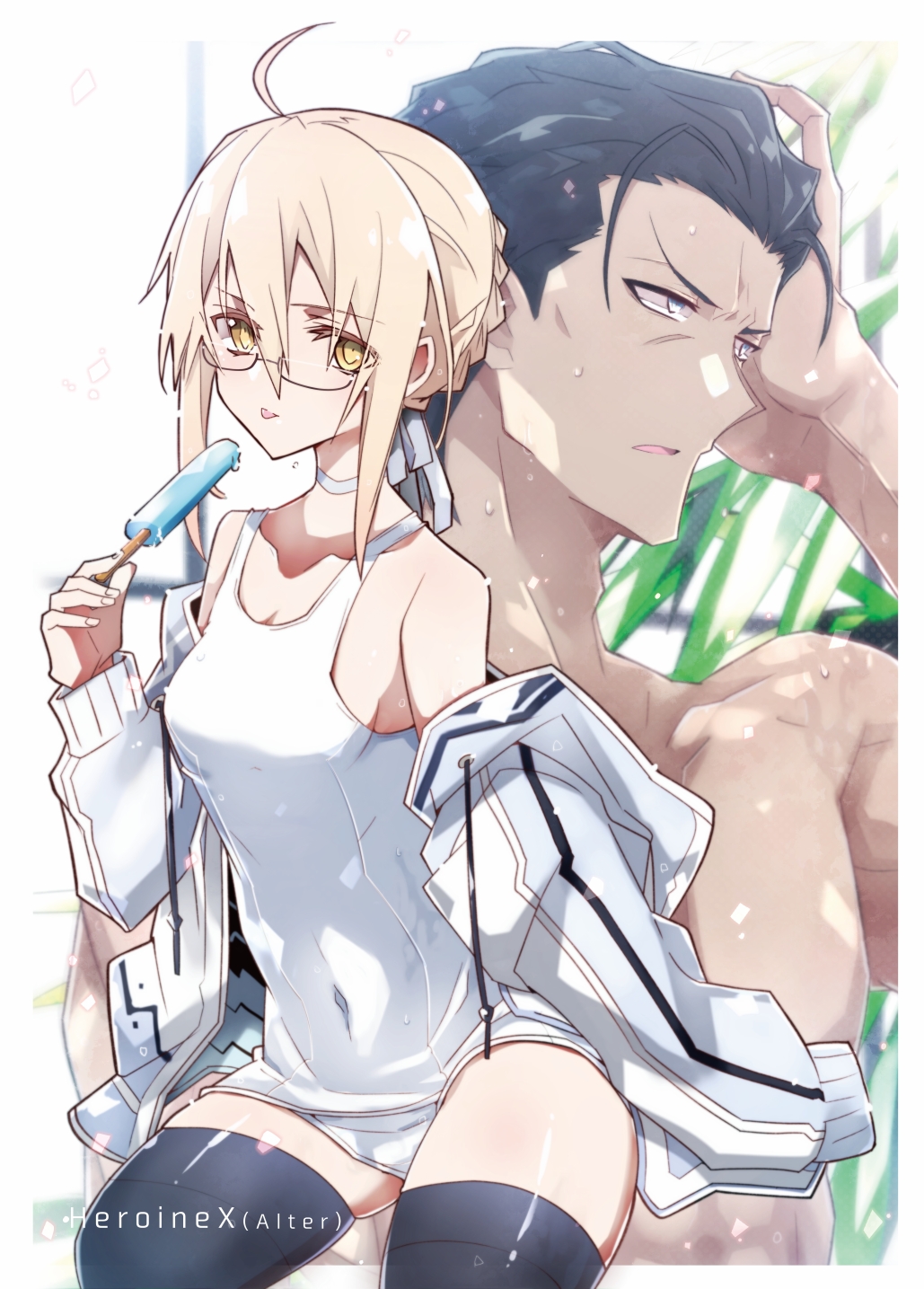 1boy 1girl agravain_(fate/grand_order) artoria_pendragon_(all) blonde_hair competition_school_swimsuit cowboy_shot fate/grand_order fate_(series) food glasses highres jacket mysterious_heroine_x_(alter) nogi_(acclima) one-piece_swimsuit popsicle school_swimsuit shirt swimsuit swimsuit_under_clothes track_jacket wet white_swimsuit yellow_eyes