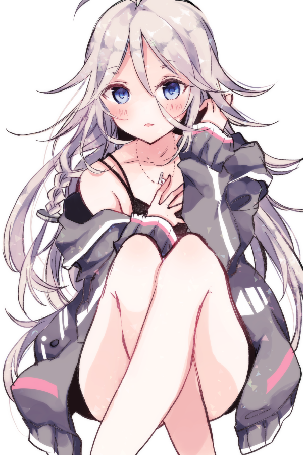 1girl blue_eyes braid commentary crossed_legs feet_out_of_frame grey_jacket hand_in_hair ia_(vocaloid) jacket jewelry knees_up long_hair looking_at_viewer necklace off-shoulder_jacket parted_lips platinum_blonde_hair sitting solo sotsunaku symbol_commentary very_long_hair vocaloid