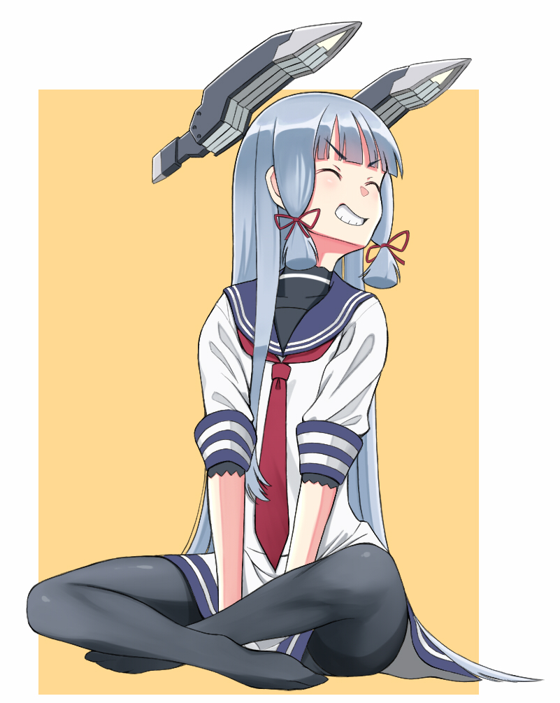 1girl bangs blunt_bangs closed_eyes crossed_legs dress eyebrows_visible_through_hair grin hair_ribbon headgear kantai_collection long_hair murakumo_(kantai_collection) necktie pantyhose ribbon sailor_dress shoes_removed sidelocks silver_hair smile solo tress_ribbon tsusshi undershirt very_long_hair