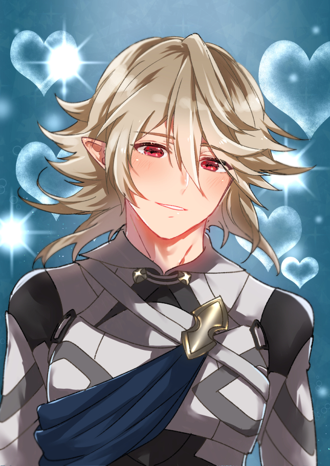 1boy armor asymmetrical_hair bangs blush cape corrin_(fire_emblem) corrin_(fire_emblem)_(male) fire_emblem fire_emblem_fates heart looking_at_viewer manakete nekolook platinum_blonde_hair pointy_ears red_eyes smile solo weapon