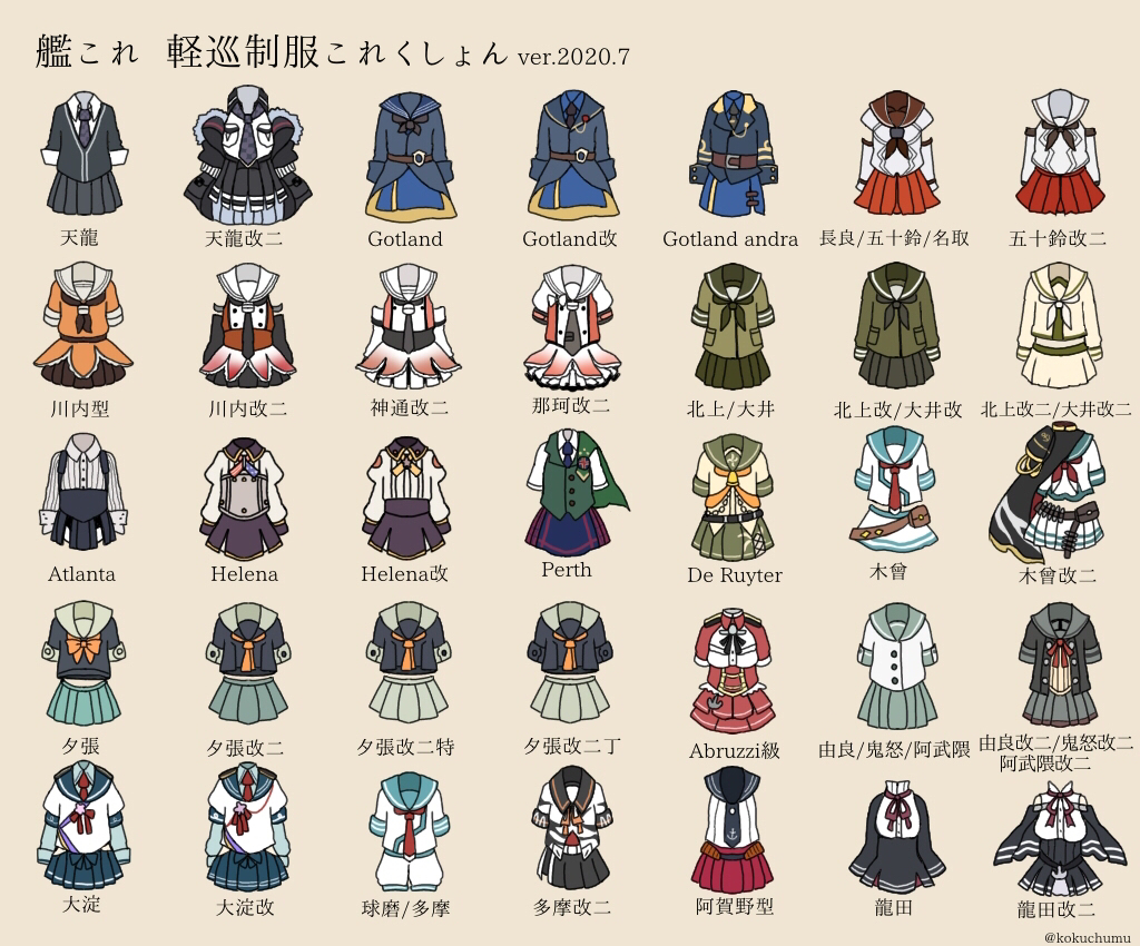 abukuma_(kantai_collection) agano_(kantai_collection) atlanta_(kantai_collection) bell brown_background capelet checkered checkered_neckwear dated de_ruyter_(kantai_collection) giuseppe_garibaldi_(kantai_collection) gotland_(kantai_collection) helena_(kantai_collection) isuzu_(kantai_collection) jacket jintsuu_(kantai_collection) kantai_collection kinu_(kantai_collection) kiso_(kantai_collection) kitakami_(kantai_collection) kuma_(kantai_collection) kurohiruyume long_sleeves luigi_di_savoia_duca_degli_abruzzi_(kantai_collection) military military_uniform nagara_(kantai_collection) naka_(kantai_collection) natori_(kantai_collection) neckerchief necktie no_humans noshiro_(kantai_collection) ooi_(kantai_collection) ooyodo_(kantai_collection) perth_(kantai_collection) pleated_skirt remodel_(kantai_collection) sailor_collar sakawa_(kantai_collection) school_uniform sendai_(kantai_collection) serafuku short_sleeves simple_background skirt sleeveless still_life suspender_skirt suspenders tama_(kantai_collection) tatsuta_(kantai_collection) tenryuu_(kantai_collection) translated twitter_username uniform yahagi_(kantai_collection) yura_(kantai_collection) yuubari_(kantai_collection)