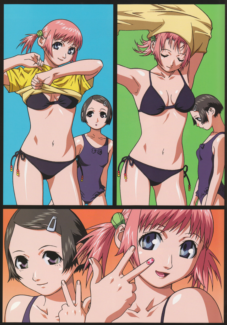 2girls :o armpits arms_up asami_igarashi bangs bikini black_bikini black_eyes black_hair blue_eyes closed_eyes hair_ornament hairclip highres looking_at_viewer mezzo_danger_service_agency mezzo_forte multiple_girls nail_polish navel official_art one-piece_swimsuit open_mouth panels pink_hair shirt_lift short_hair short_sleeves short_twintails side-tie_bikini smile suzuki_mikura swept_bangs swimsuit twintails umetsu_yasuomi undressing w