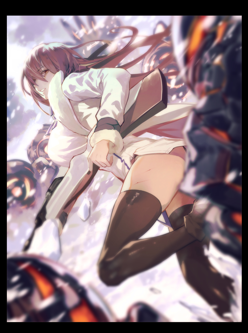 1girl bangs coat frame gun gyudong123 hair_between_eyes holding holding_weapon last_origin long_hair long_sleeves purple_hair red_eyes rifle scratches solo t-8w_valkyrie thighhighs weapon