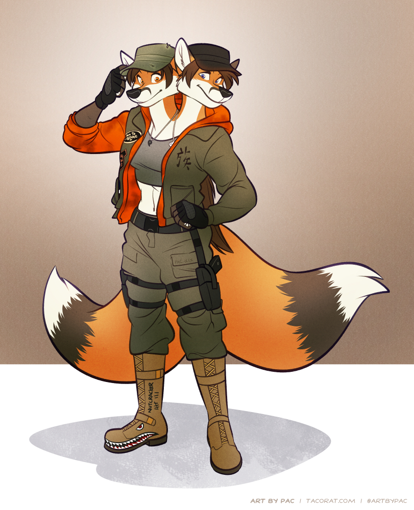 canid canine clothing conjoined duo fox gun handgun jewelry karisha_and_mena mammal midriff military_uniform multi_head multi_tail multifur necklace pac pistol ranged_weapon solo uniform weapon yin_yang