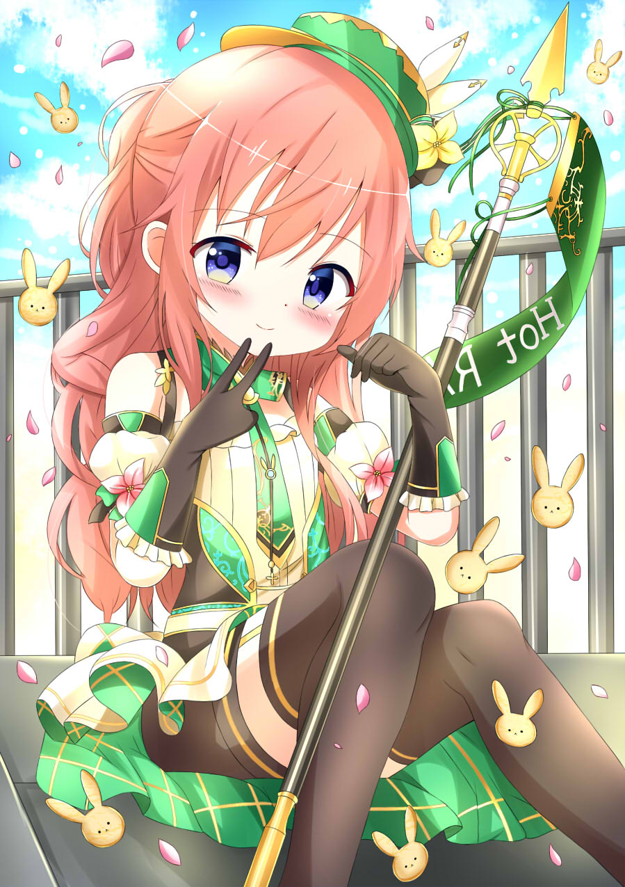 1girl black_gloves black_legwear brown_hair closed_mouth cloud cloudy_sky dress gloves gochuumon_wa_usagi_desu_ka? green_dress hair_over_breasts hat highres hoto_mocha indoors long_hair looking_at_viewer purple_eyes sitting sky solo yoboshi