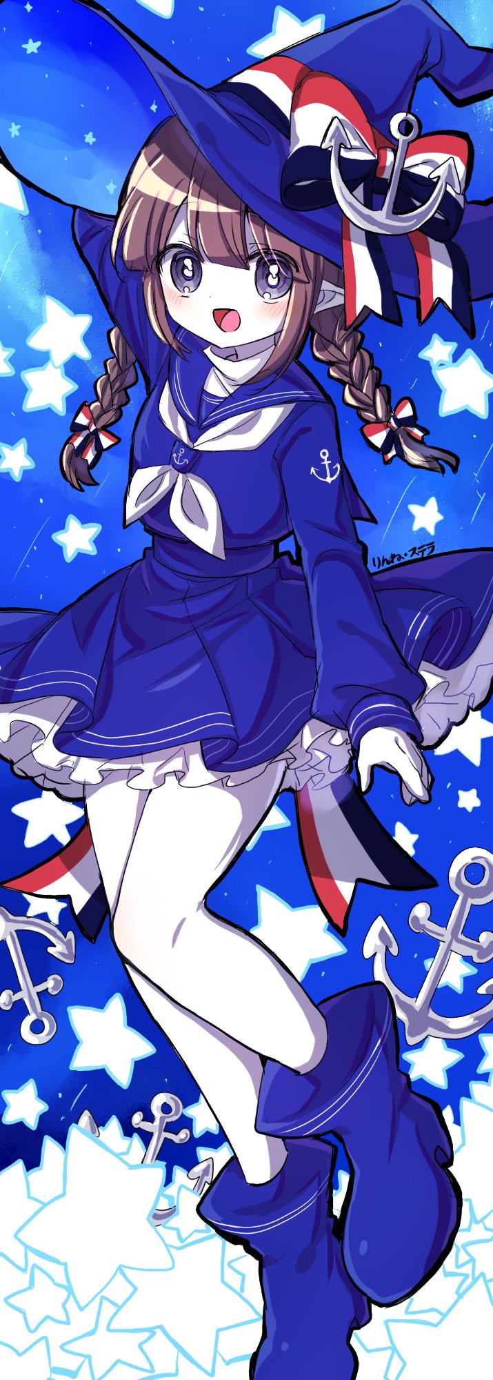 1girl anchor anchor_symbol arm_up bangs blue_background blue_dress blue_footwear blue_headwear blue_theme blunt_bangs blush boots bow brown_hair dress eyebrows_visible_through_hair frilled_dress frills grey_eyes hair_bow hat hat_bow highres long_sleeves looking_at_viewer oounabara_to_wadanohara open_mouth pale_skin pointy_ears rinne_stella sailor_dress short_twintails signature smile solo star_(symbol) striped striped_bow symbol_commentary thighs twintails wadanohara watermark witch witch_hat
