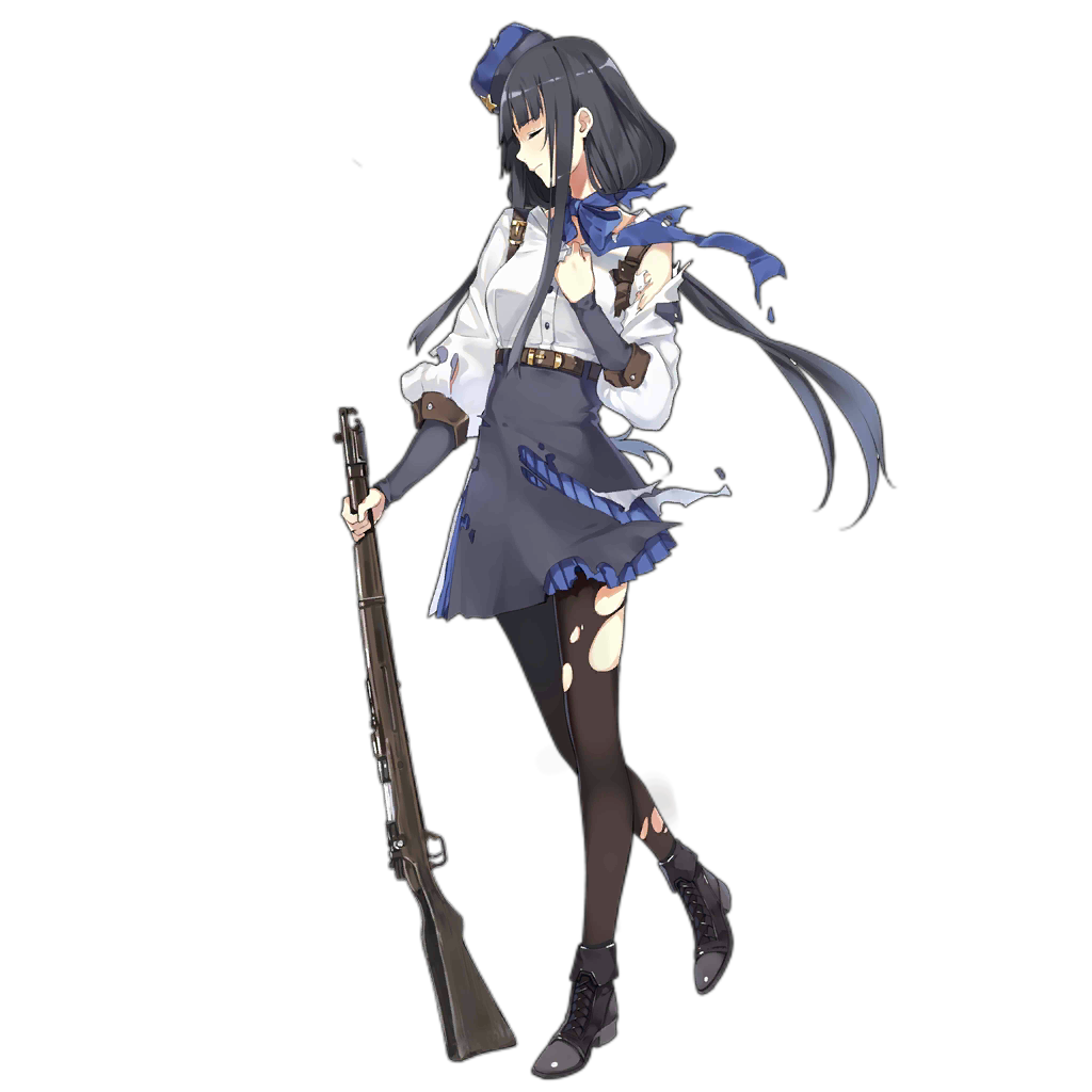 1girl bangs belt belt_buckle black_footwear black_hair black_legwear blue_headwear blue_neckwear boots breasts brown_belt buckle closed_eyes closed_mouth damaged from_side full_body girls_frontline grey_skirt gun hao_(patinnko) hat long_hair long_sleeves medium_breasts military military_uniform official_art pantyhose rifle shirt sidelocks skirt strap torn_clothes torn_legwear torn_shirt torn_skirt torn_sleeves type_81_(girls_frontline) uniform weapon