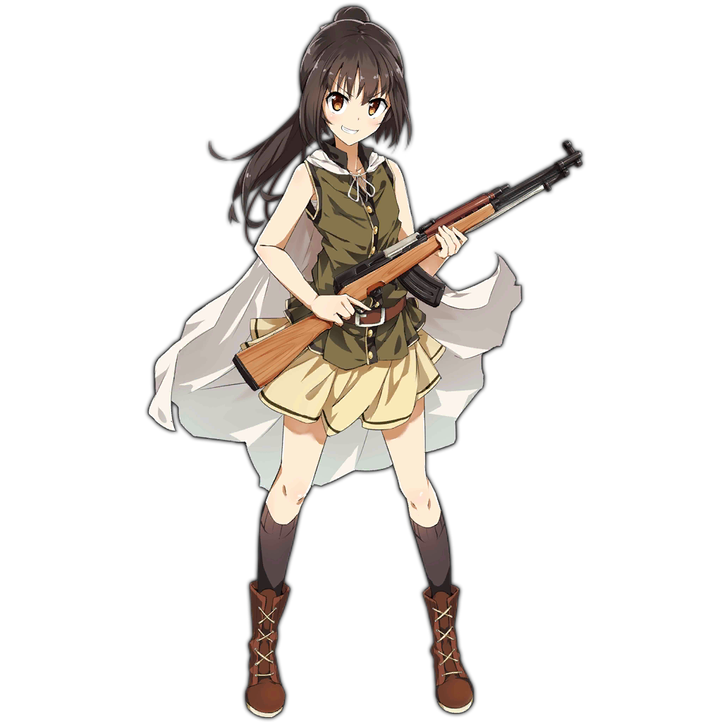 1girl bangs black_legwear boots brown_eyes brown_hair cape full_body girls_frontline grin gun holding holding_gun holding_weapon long_hair looking_at_viewer official_art open_mouth ponytail sleeveless smile solo standing tomato_(lsj44867) transparent_background trigger_discipline type_63_assault_rifle type_63_assault_rifle_(girls_frontline) weapon white_cape