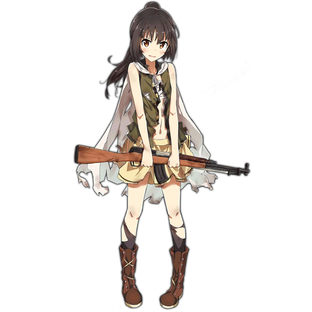 1girl bangs black_legwear blush boots brown_eyes brown_hair cape damaged full_body girls_frontline gun holding holding_gun holding_weapon long_hair looking_at_viewer navel official_art parted_lips ponytail shirt skirt sleeveless solo standing tomato_(lsj44867) torn_cape torn_clothes torn_legwear torn_shirt torn_skirt transparent_background type_63_assault_rifle type_63_assault_rifle_(girls_frontline) weapon white_cape