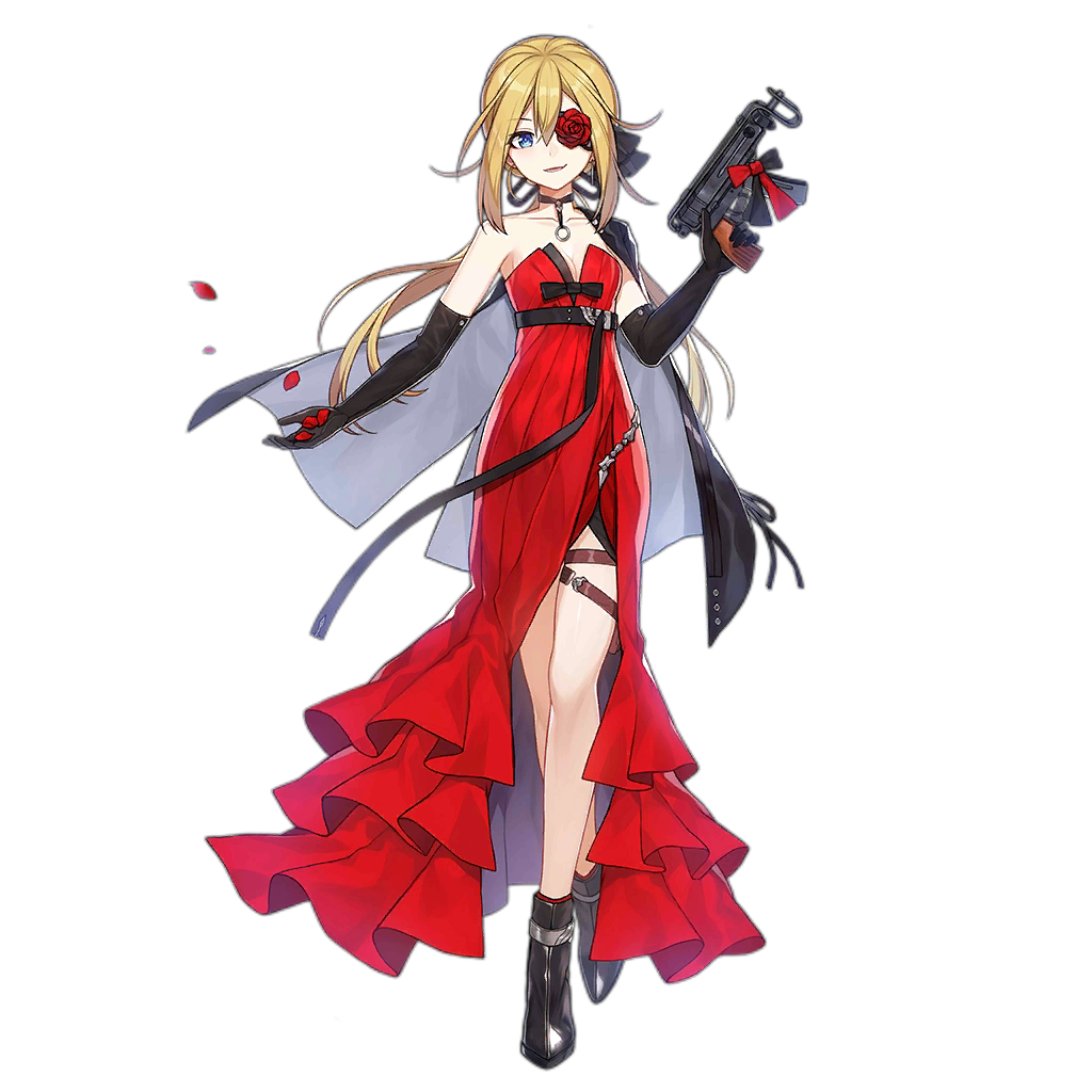 1girl alternate_costume ankle_boots black_footwear black_gloves blonde_hair blue_eyes boots bow breasts choker cleavage dress elbow_gloves eyepatch flower_eyepatch full_body girls_frontline gloves gun hair_between_eyes jacket jacket_on_shoulders long_hair looking_at_viewer low_ponytail official_art petals red_dress rose_petals sa_(h28085) skorpion_(girls_frontline) small_breasts smile solo strapless strapless_dress submachine_gun thigh_strap transparent_background trigger_discipline weapon