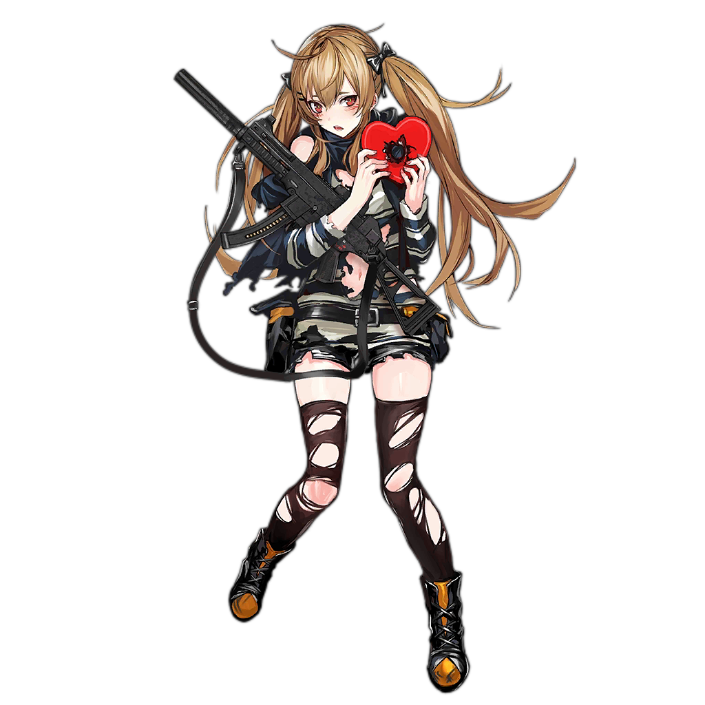 1girl ahoge alternate_costume bangs black_footwear black_legwear black_shorts boots box brown_hair damaged eyebrows_visible_through_hair full_body gift girls_frontline gun h&amp;k_ump hands_up heart-shaped_box heckler_&amp;_koch holding holding_gift infukun long_hair looking_at_viewer official_art open_mouth red_eyes short_shorts shorts sidelocks solo standing striped striped_sweater submachine_gun sweater teeth thighhighs torn_clothes torn_legwear torn_shorts transparent_background twintails ump9_(girls_frontline) valentine weapon