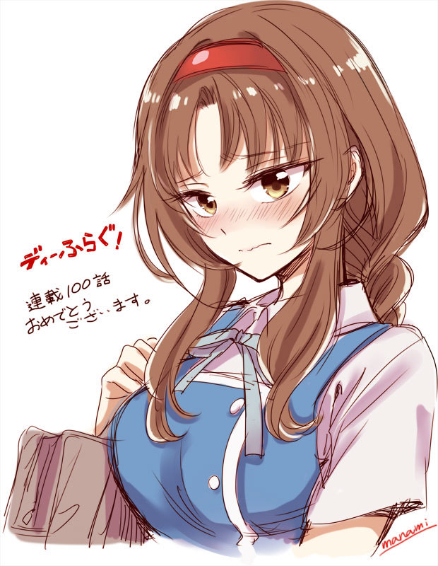 1girl bag blue_vest blush breasts brown_eyes closed_mouth collared_shirt commentary_request d-frag! eyebrows_visible_through_hair headband large_breasts long_hair red_headband ribbon school_uniform shirt shoulder_bag signature simple_background sketch solo sugano_manami takao_(d-frag!) translated upper_body vest wavy_mouth white_background white_shirt