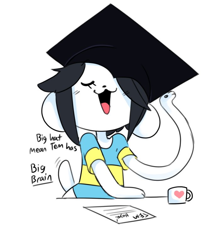 blush clothing colored cup english_text graduation_cap hair hat headgear headwear mammal paws scorci tailwag tem temmie_(undertale) text undertale video_games white_body