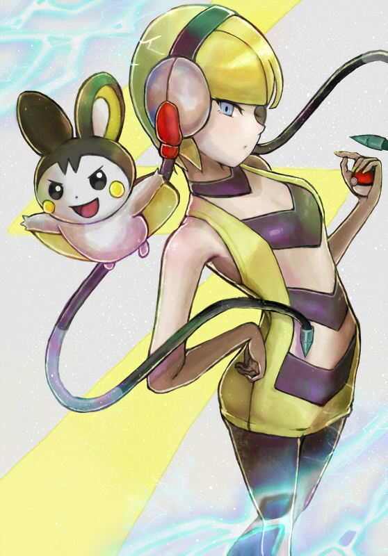 1girl bangs bare_shoulders black_legwear blonde_hair blue_eyes blunt_bangs cable closed_mouth commentary_request electricity emolga eyelashes gen_5_pokemon gym_leader hand_on_hip headphones holding holding_poke_ball kamitsure_(pokemon) pantyhose poke_ball poke_ball_(basic) pokemon pokemon_(creature) pokemon_(game) pokemon_bw setta_shu shiny shiny_hair short_hair